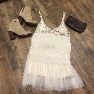 Cream Lace & Crochet Boho Tiered Tank Top S